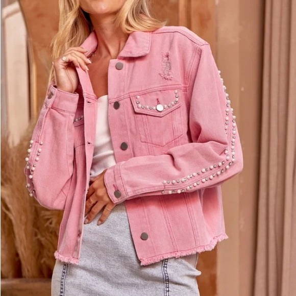 Anthropologie Jackets & Blazers - Anthropologie Savanna Jane Pink Jean Jacket with Pearl Details